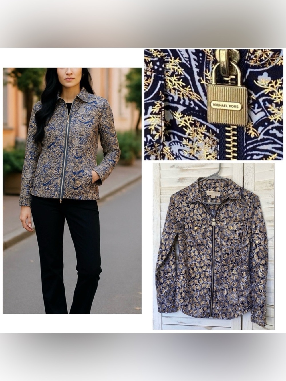 Michael Kors Bandana Print Shirt Gold Zip Up Lightweight Jacket